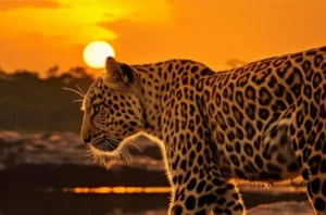 sri lankan leopard on rock with sunset in sri lanka